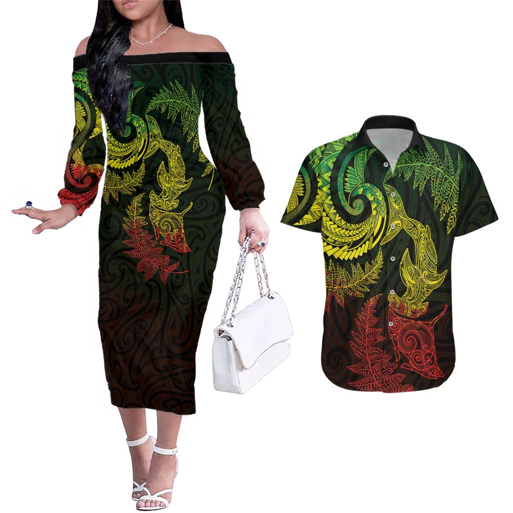 New Zealand Sea Animals with Maori Tribal Tattoo Couples Matching Off The Shoulder Long Sleeve Dress and Hawaiian Shirt Shark Manta Ray with Silver Fern Reggae