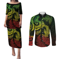 New Zealand Sea Animals with Maori Tribal Tattoo Couples Matching Puletasi and Long Sleeve Button Shirt Shark Manta Ray with Silver Fern Reggae