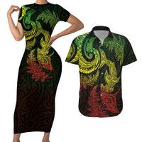 New Zealand Sea Animals with Maori Tribal Tattoo Couples Matching Short Sleeve Bodycon Dress and Hawaiian Shirt Shark Manta Ray with Silver Fern Reggae