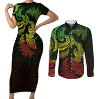 New Zealand Sea Animals with Maori Tribal Tattoo Couples Matching Short Sleeve Bodycon Dress and Long Sleeve Button Shirt Shark Manta Ray with Silver Fern Reggae