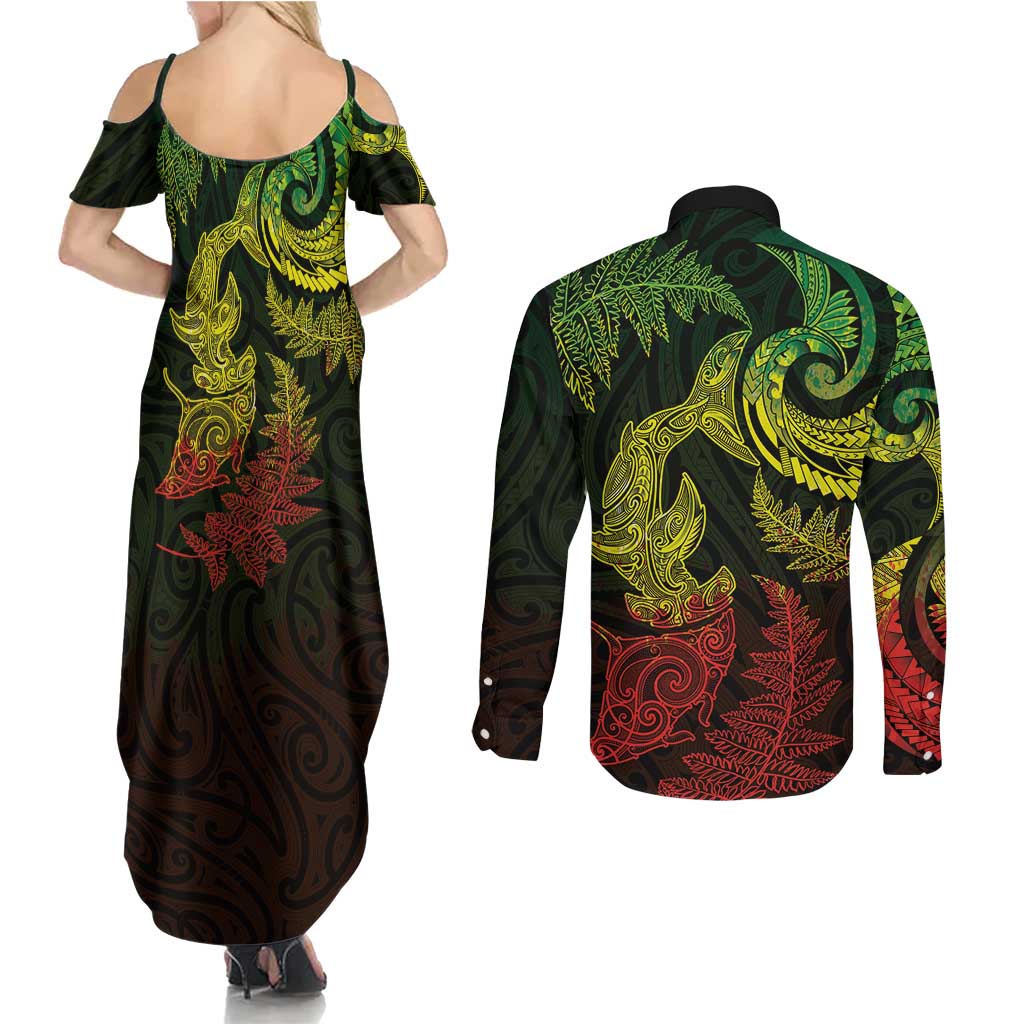 New Zealand Sea Animals with Maori Tribal Tattoo Couples Matching Summer Maxi Dress and Long Sleeve Button Shirt Shark Manta Ray with Silver Fern Reggae