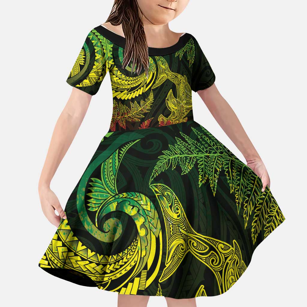 New Zealand Sea Animals with Maori Tribal Tattoo Family Matching Mermaid Dress and Hawaiian Shirt Shark Manta Ray with Silver Fern Reggae