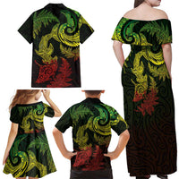 New Zealand Sea Animals with Maori Tribal Tattoo Family Matching Off Shoulder Maxi Dress and Hawaiian Shirt Shark Manta Ray with Silver Fern Reggae