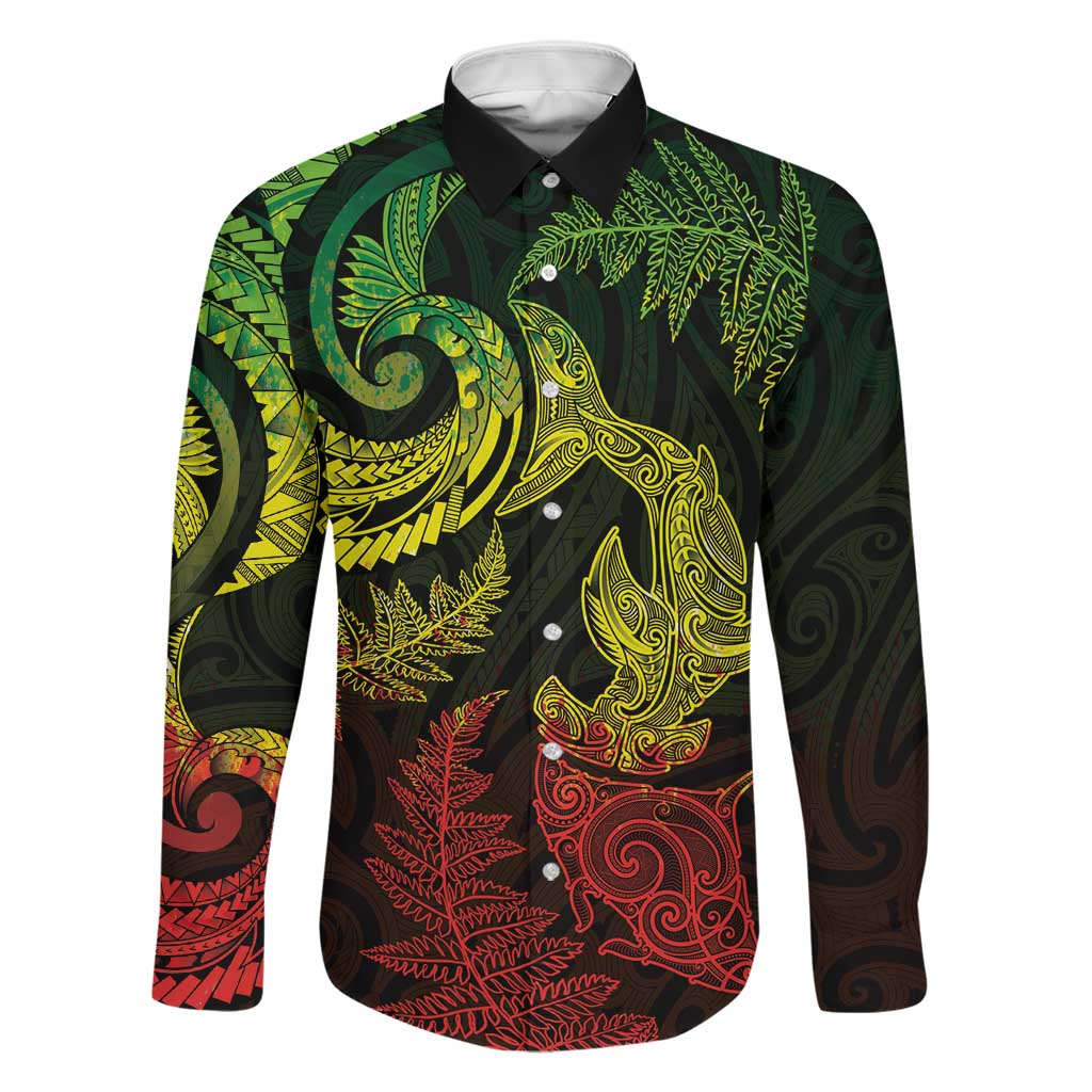 New Zealand Sea Animals with Maori Tribal Tattoo Family Matching Off Shoulder Maxi Dress and Hawaiian Shirt Shark Manta Ray with Silver Fern Reggae