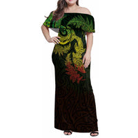 New Zealand Sea Animals with Maori Tribal Tattoo Family Matching Off Shoulder Maxi Dress and Hawaiian Shirt Shark Manta Ray with Silver Fern Reggae
