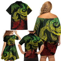 New Zealand Sea Animals with Maori Tribal Tattoo Family Matching Off Shoulder Short Dress and Hawaiian Shirt Shark Manta Ray with Silver Fern Reggae