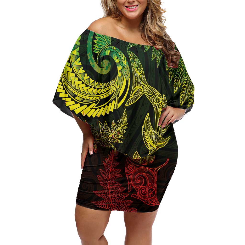 New Zealand Sea Animals with Maori Tribal Tattoo Family Matching Off Shoulder Short Dress and Hawaiian Shirt Shark Manta Ray with Silver Fern Reggae