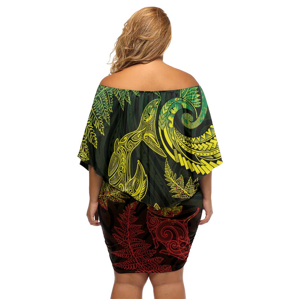 New Zealand Sea Animals with Maori Tribal Tattoo Family Matching Off Shoulder Short Dress and Hawaiian Shirt Shark Manta Ray with Silver Fern Reggae
