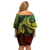 New Zealand Sea Animals with Maori Tribal Tattoo Family Matching Off Shoulder Short Dress and Hawaiian Shirt Shark Manta Ray with Silver Fern Reggae