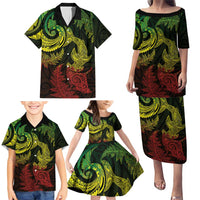 New Zealand Sea Animals with Maori Tribal Tattoo Family Matching Puletasi and Hawaiian Shirt Shark Manta Ray with Silver Fern Reggae