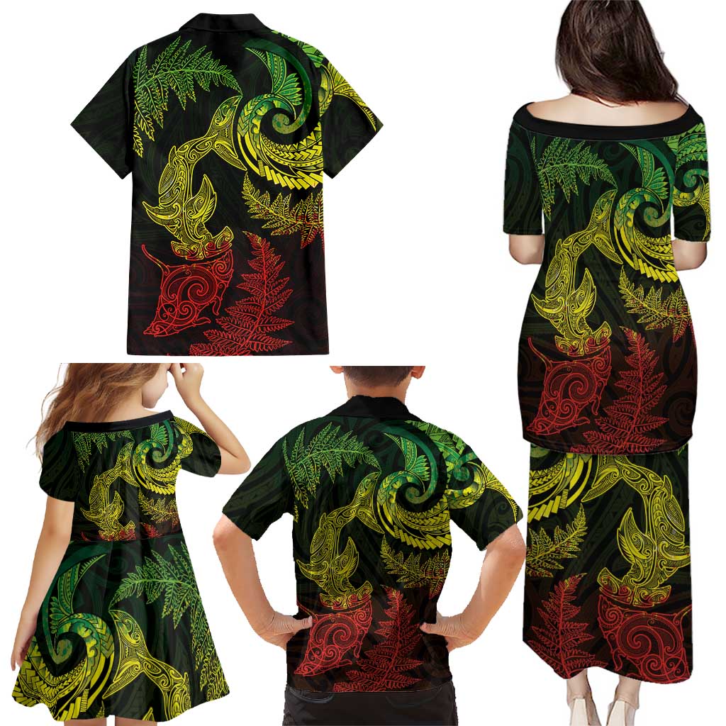 New Zealand Sea Animals with Maori Tribal Tattoo Family Matching Puletasi and Hawaiian Shirt Shark Manta Ray with Silver Fern Reggae