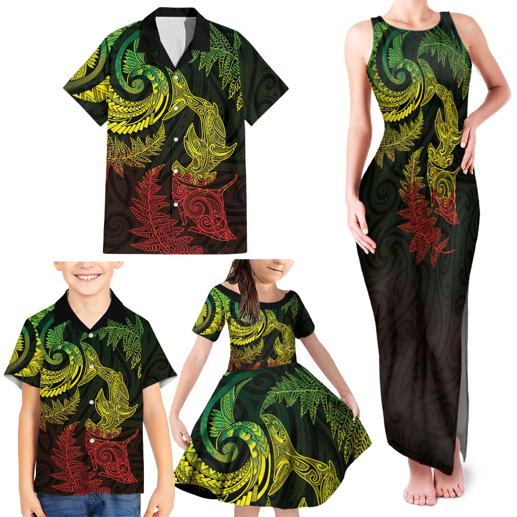 New Zealand Sea Animals with Maori Tribal Tattoo Family Matching Tank Maxi Dress and Hawaiian Shirt Shark Manta Ray with Silver Fern Reggae