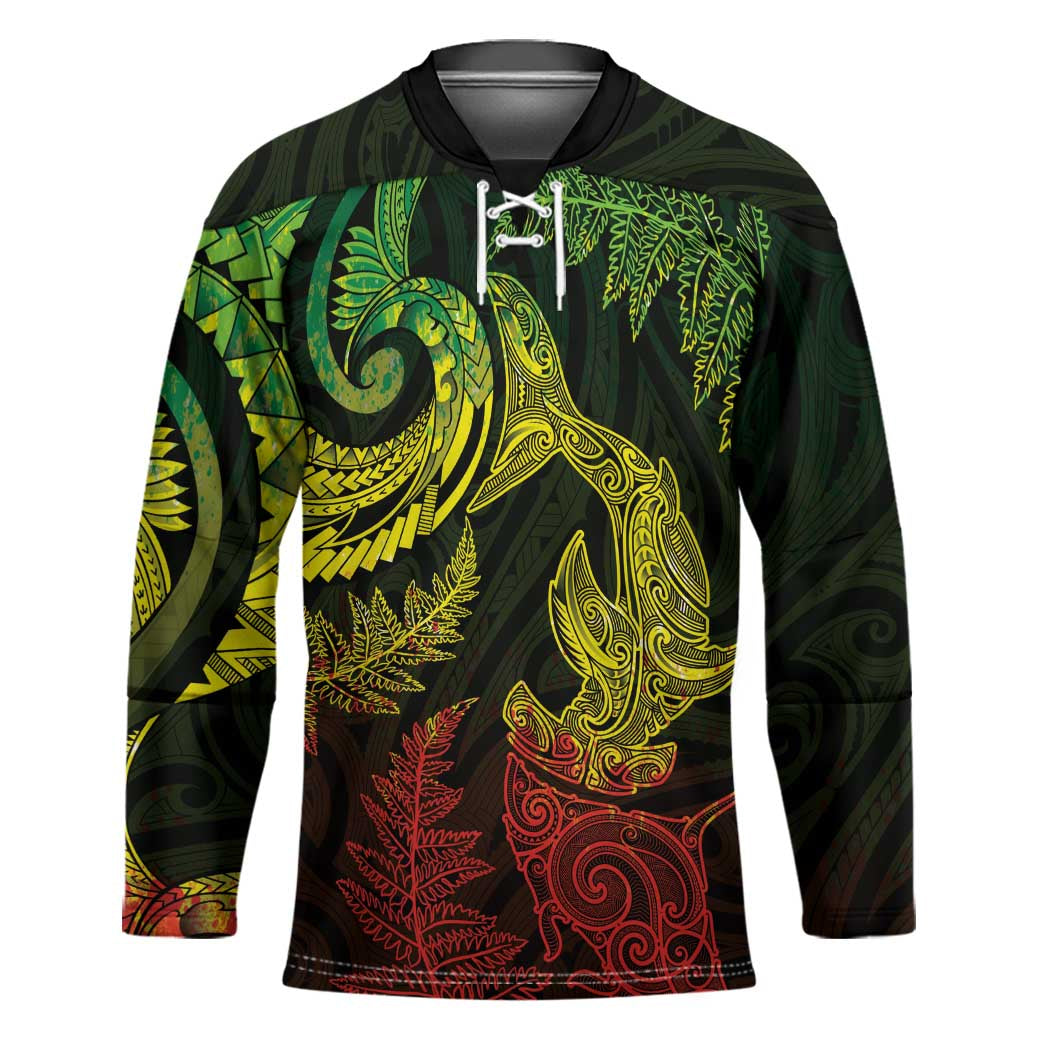 New Zealand Sea Animals with Maori Tribal Tattoo Hockey Jersey Shark Manta Ray with Silver Fern Reggae