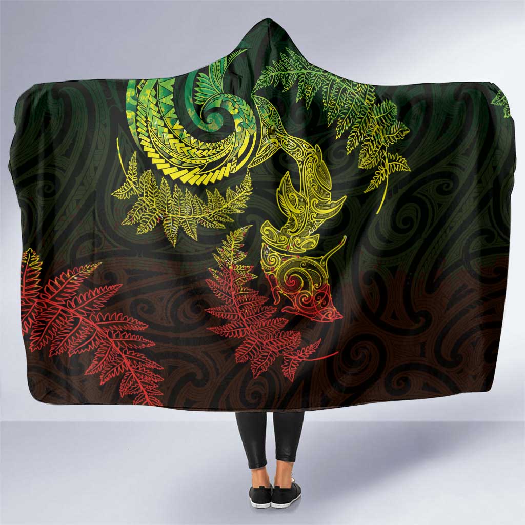 New Zealand Sea Animals with Maori Tribal Tattoo Hooded Blanket Shark Manta Ray with Silver Fern Reggae