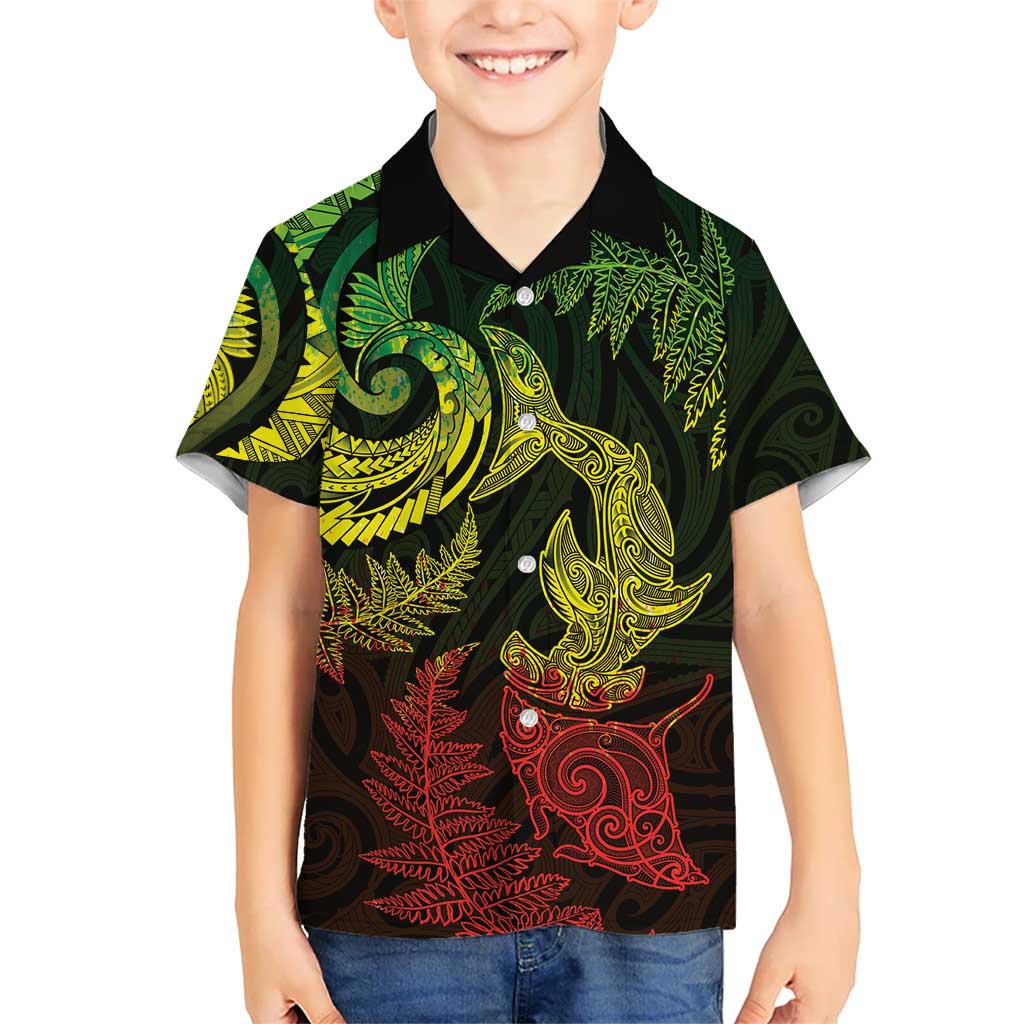New Zealand Sea Animals with Maori Tribal Tattoo Kid Hawaiian Shirt Shark Manta Ray with Silver Fern Reggae