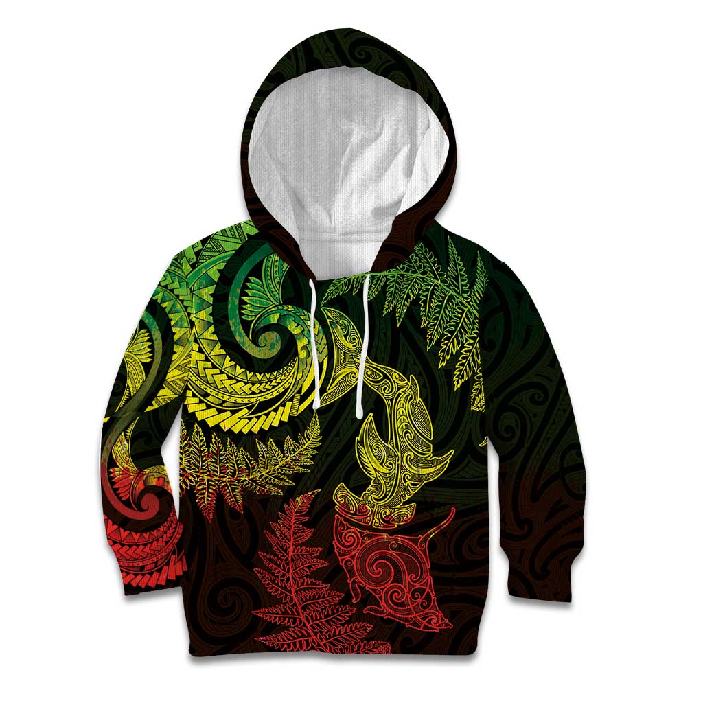 New Zealand Sea Animals with Maori Tribal Tattoo Kid Hoodie Shark Manta Ray with Silver Fern Reggae