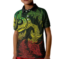 New Zealand Sea Animals with Maori Tribal Tattoo Kid Polo Shirt Shark Manta Ray with Silver Fern Reggae