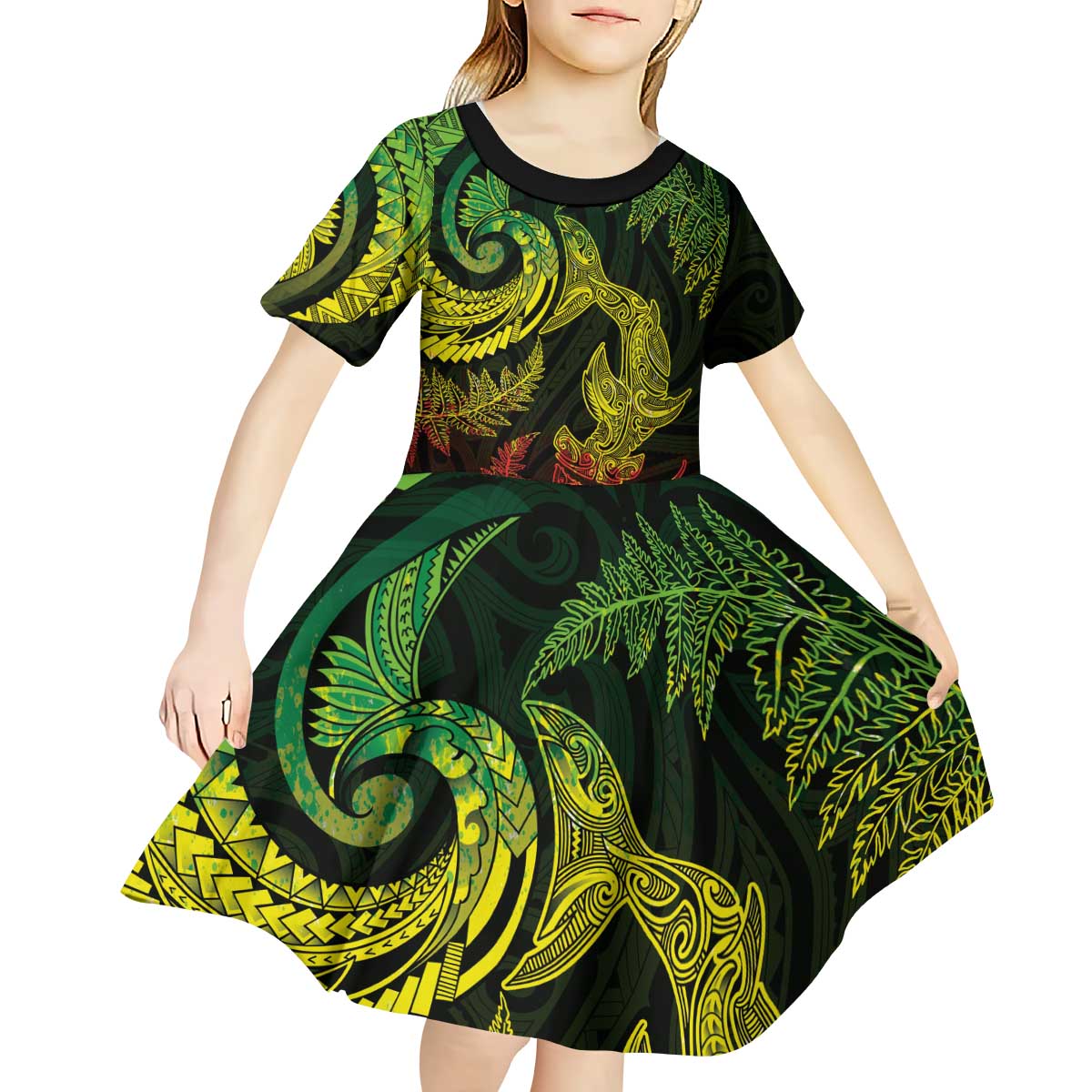New Zealand Sea Animals with Maori Tribal Tattoo Kid Short Sleeve Dress Shark Manta Ray with Silver Fern Reggae