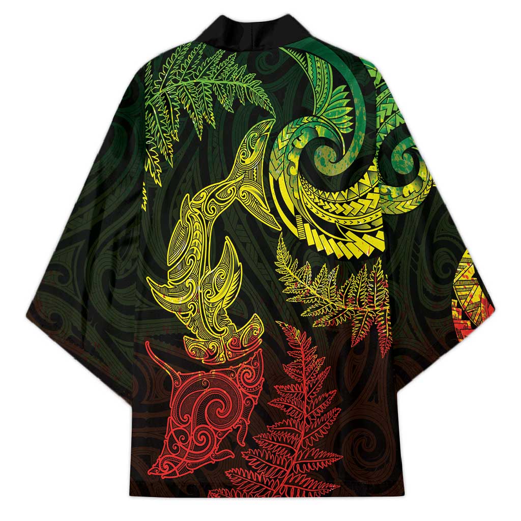 New Zealand Sea Animals with Maori Tribal Tattoo Kimono Shark Manta Ray with Silver Fern Reggae