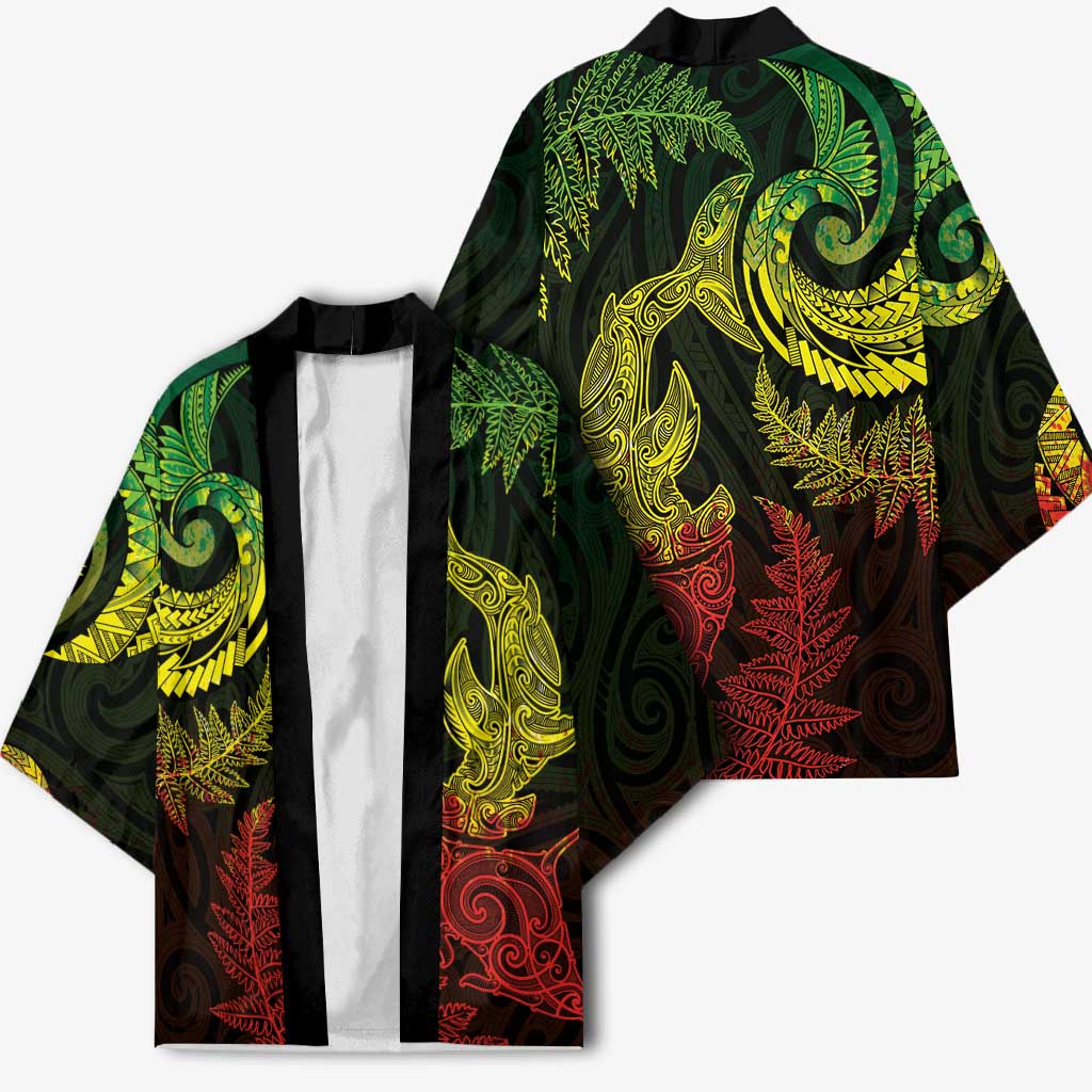 New Zealand Sea Animals with Maori Tribal Tattoo Kimono Shark Manta Ray with Silver Fern Reggae