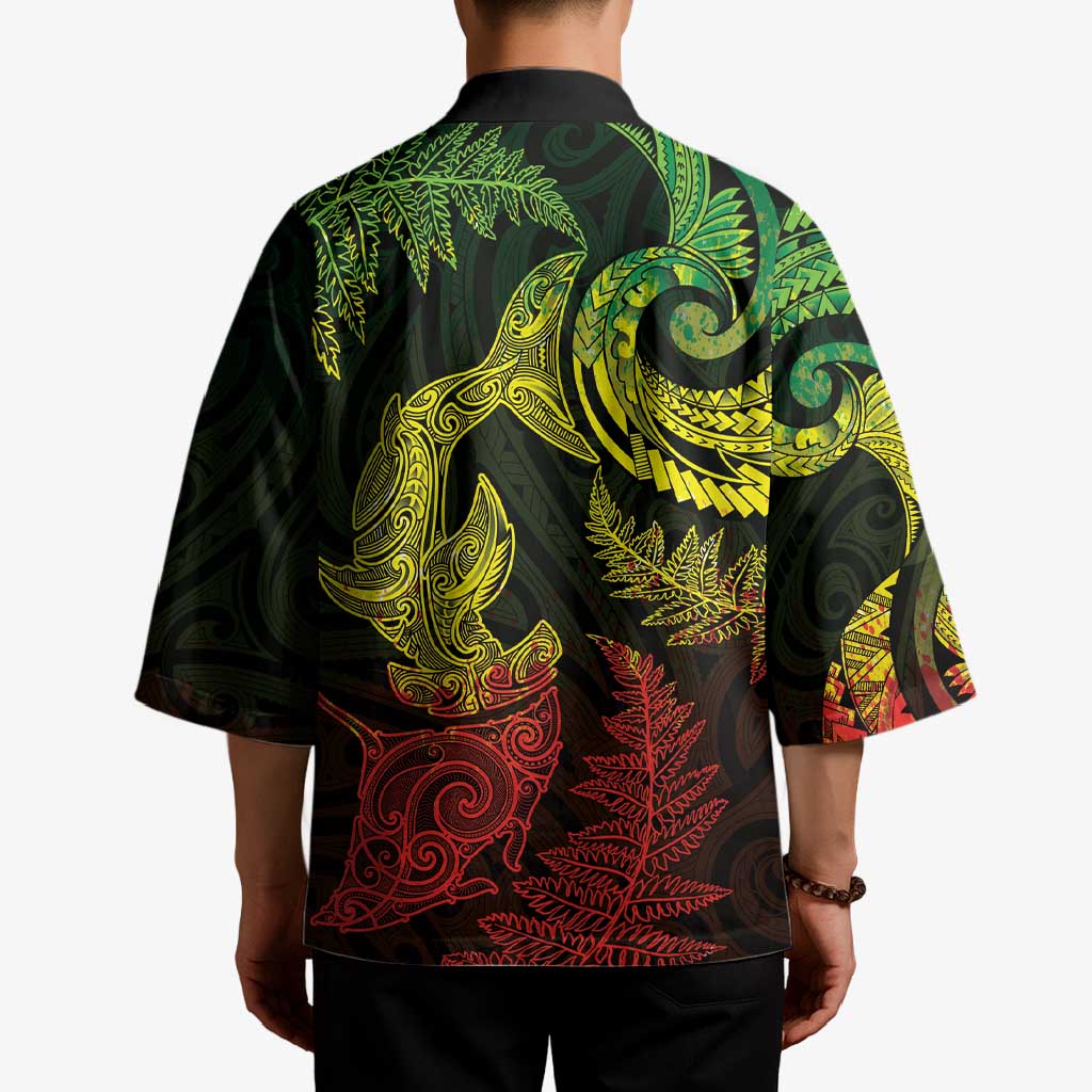New Zealand Sea Animals with Maori Tribal Tattoo Kimono Shark Manta Ray with Silver Fern Reggae