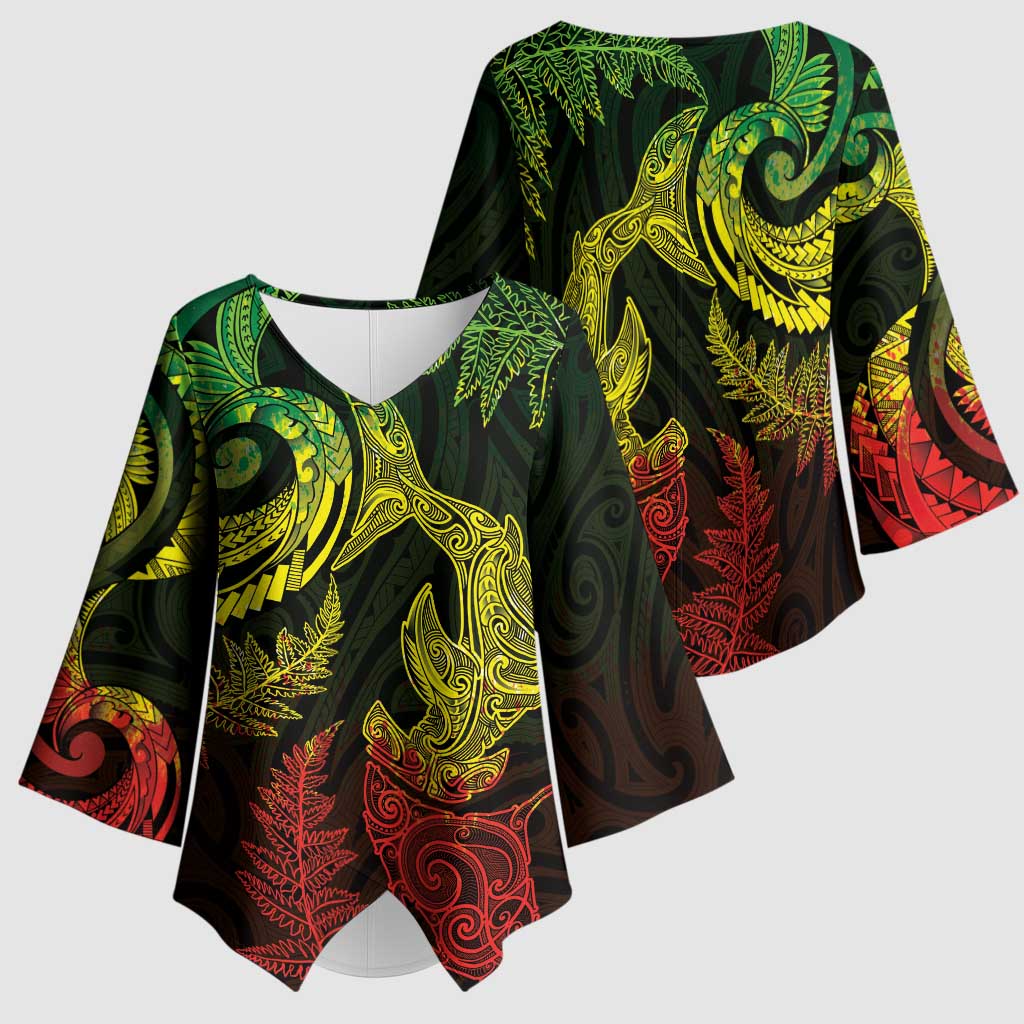 New Zealand Sea Animals with Maori Tribal Tattoo Kimono Sleeve Blouse Shark Manta Ray with Silver Fern Reggae