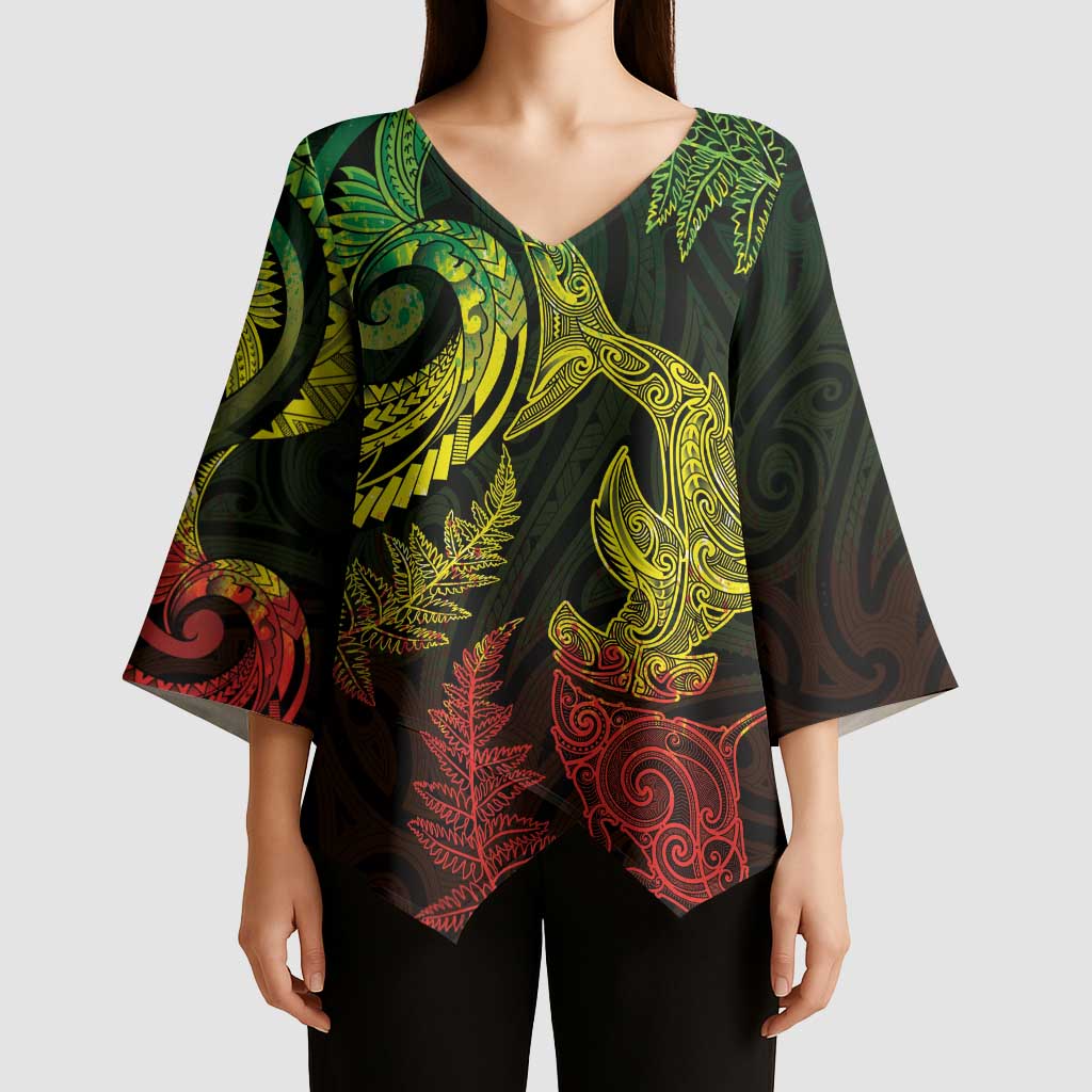 New Zealand Sea Animals with Maori Tribal Tattoo Kimono Sleeve Blouse Shark Manta Ray with Silver Fern Reggae