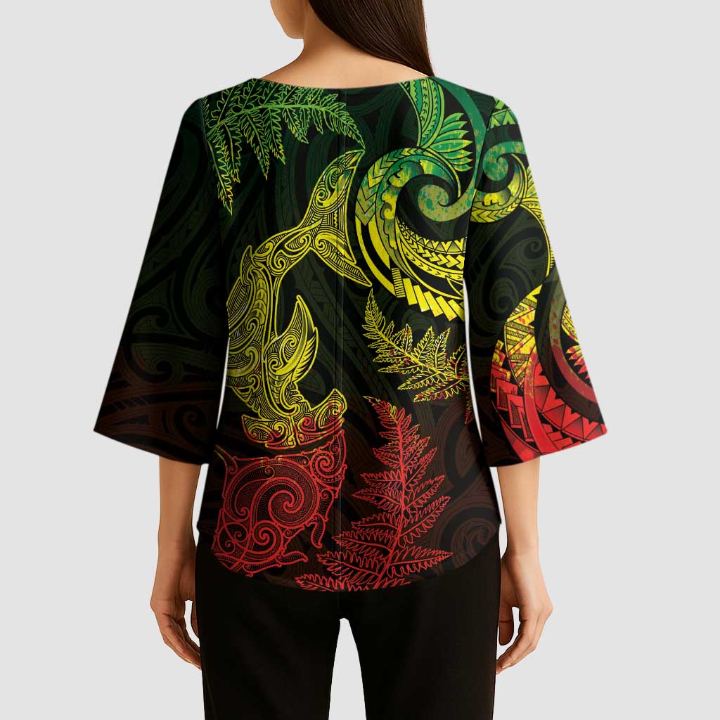 New Zealand Sea Animals with Maori Tribal Tattoo Kimono Sleeve Blouse Shark Manta Ray with Silver Fern Reggae