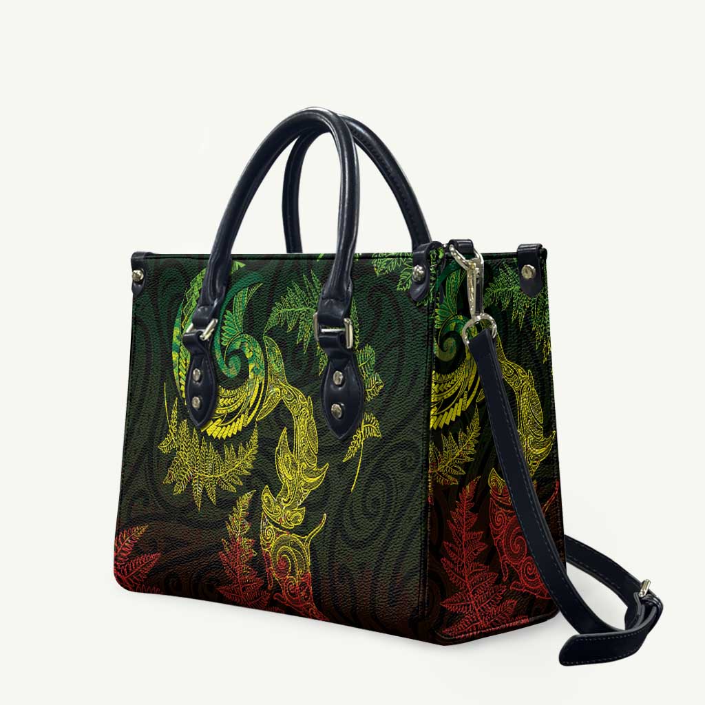 New Zealand Sea Animals with Maori Tribal Tattoo Leather Bag Shark Manta Ray with Silver Fern Reggae