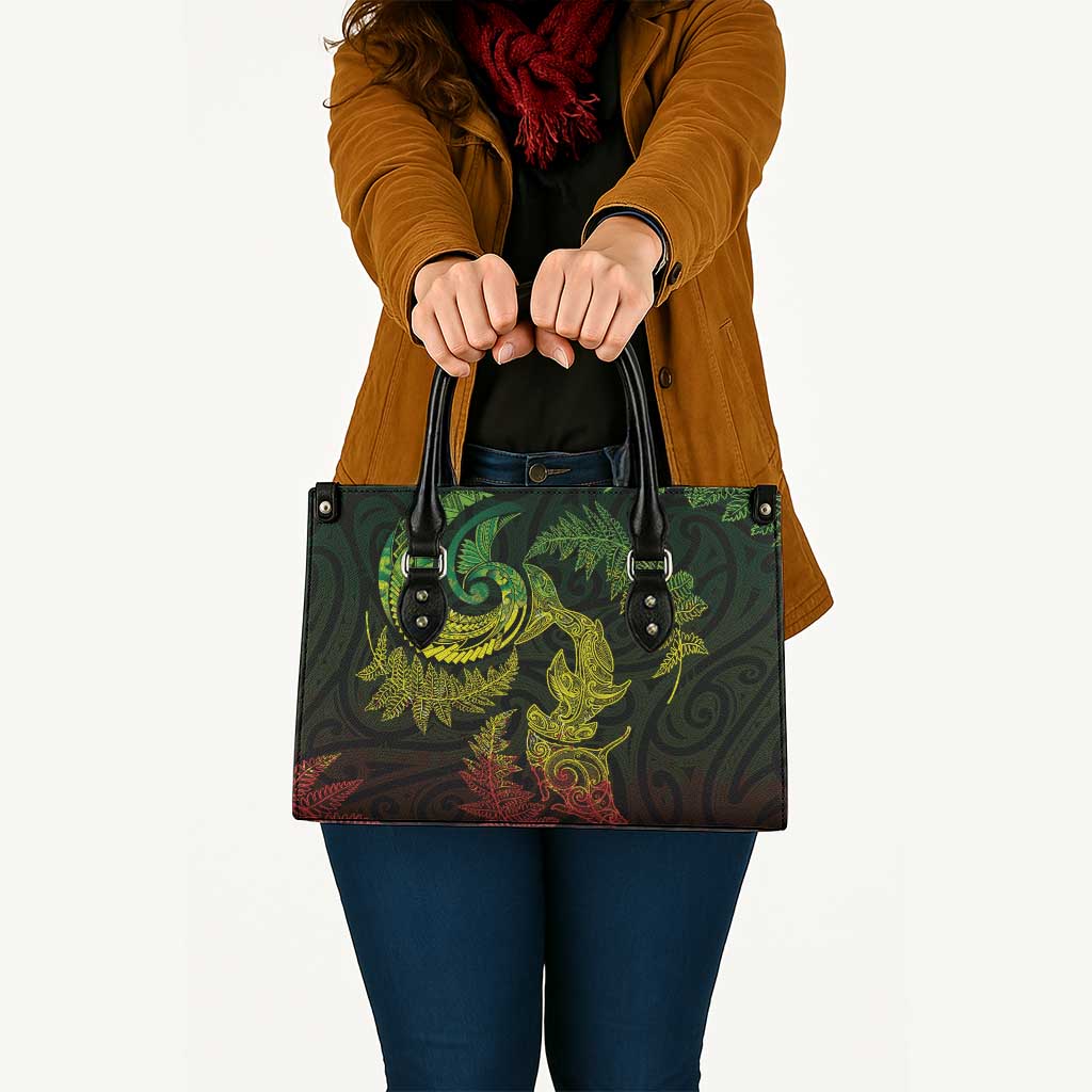 New Zealand Sea Animals with Maori Tribal Tattoo Leather Bag Shark Manta Ray with Silver Fern Reggae