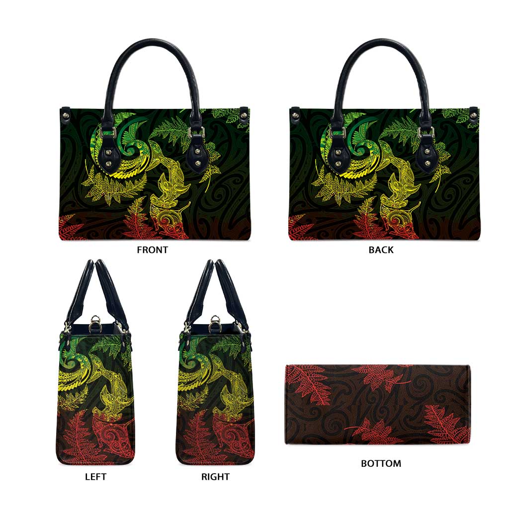 New Zealand Sea Animals with Maori Tribal Tattoo Leather Bag Shark Manta Ray with Silver Fern Reggae