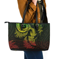 New Zealand Sea Animals with Maori Tribal Tattoo Leather Tote Bag Shark Manta Ray with Silver Fern Reggae