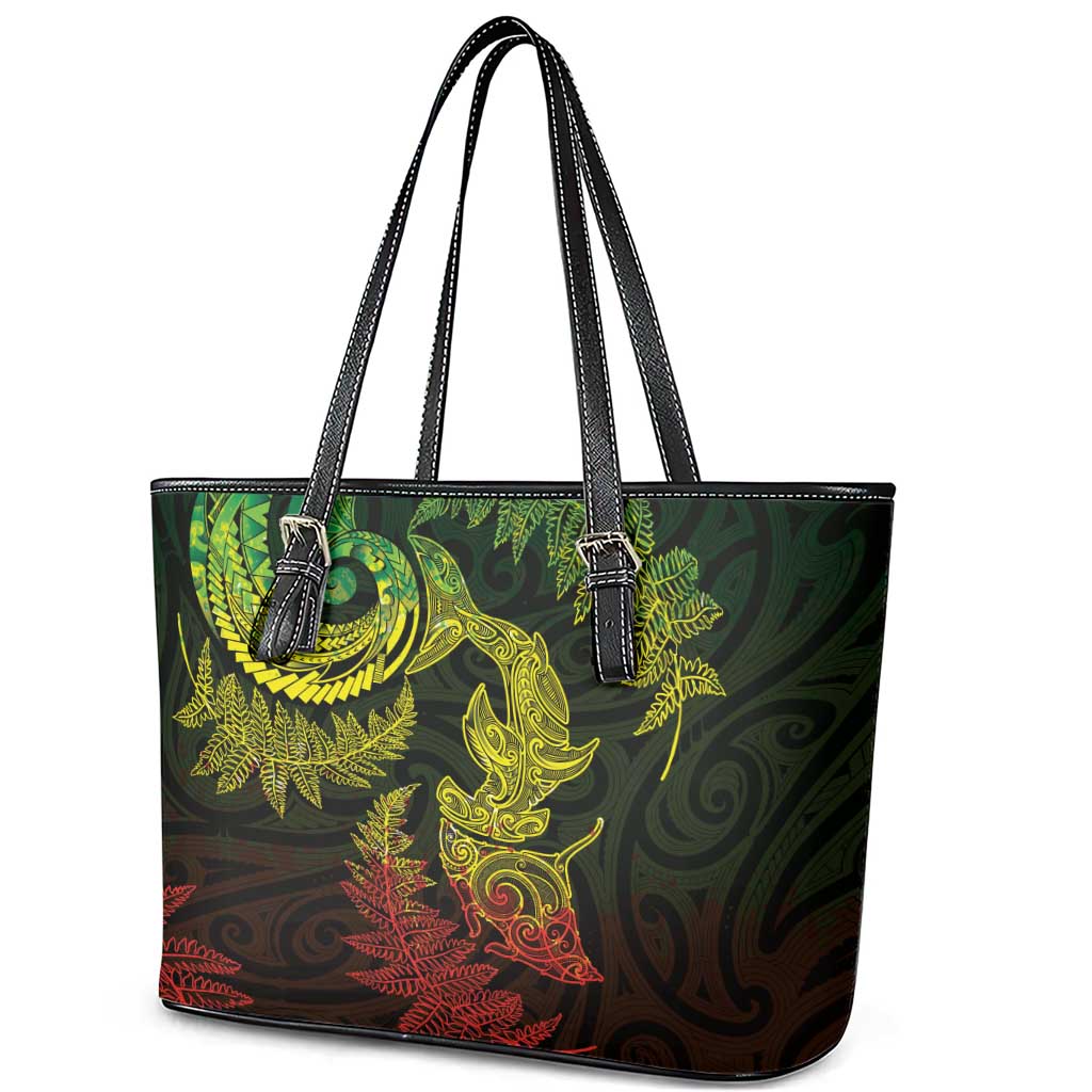 New Zealand Sea Animals with Maori Tribal Tattoo Leather Tote Bag Shark Manta Ray with Silver Fern Reggae