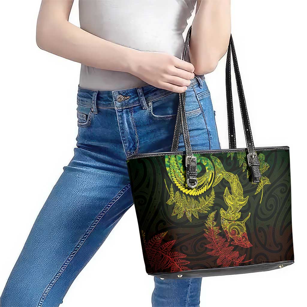 New Zealand Sea Animals with Maori Tribal Tattoo Leather Tote Bag Shark Manta Ray with Silver Fern Reggae