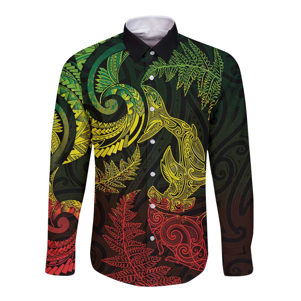 New Zealand Sea Animals with Maori Tribal Tattoo Long Sleeve Button Shirt Shark Manta Ray with Silver Fern Reggae