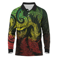 New Zealand Sea Animals with Maori Tribal Tattoo Long Sleeve Polo Shirt Shark Manta Ray with Silver Fern Reggae