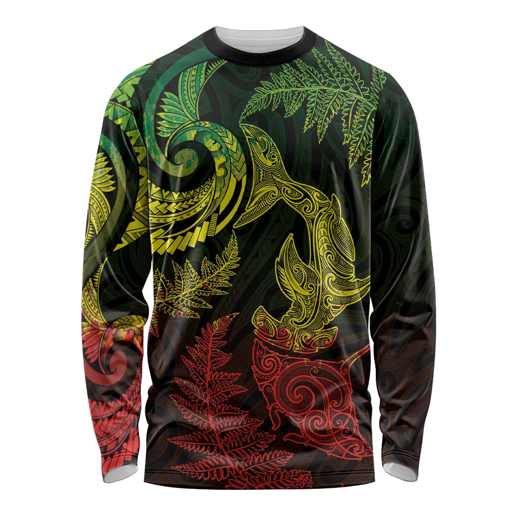 New Zealand Sea Animals with Maori Tribal Tattoo Long Sleeve Shirt Shark Manta Ray with Silver Fern Reggae