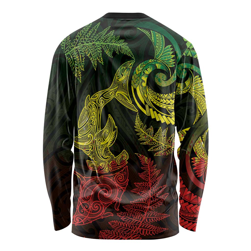 New Zealand Sea Animals with Maori Tribal Tattoo Long Sleeve Shirt Shark Manta Ray with Silver Fern Reggae