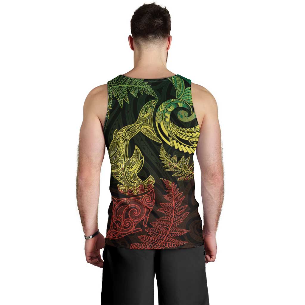 New Zealand Sea Animals with Maori Tribal Tattoo Men Tank Top Shark Manta Ray with Silver Fern Reggae