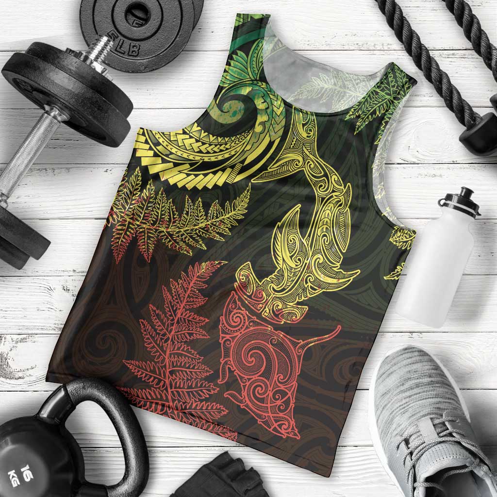New Zealand Sea Animals with Maori Tribal Tattoo Men Tank Top Shark Manta Ray with Silver Fern Reggae
