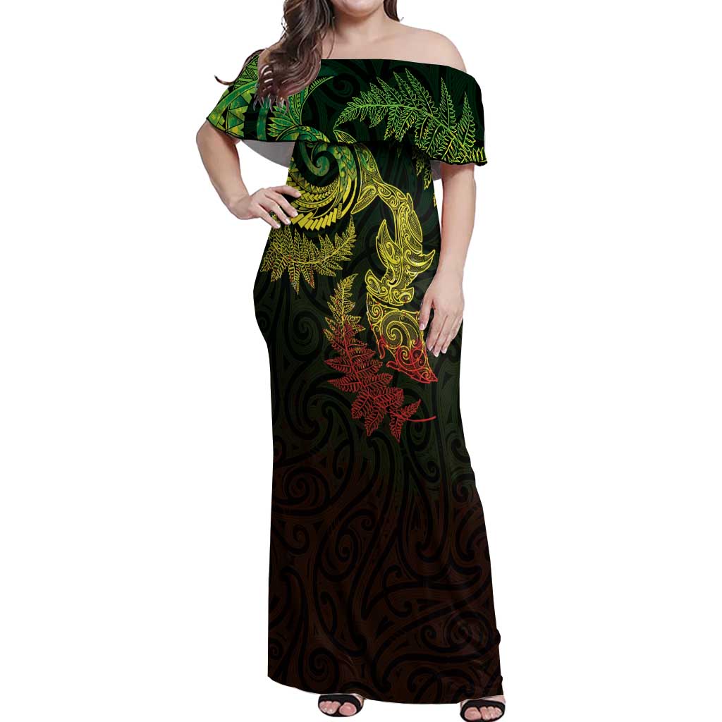 New Zealand Sea Animals with Maori Tribal Tattoo Off Shoulder Maxi Dress Shark Manta Ray with Silver Fern Reggae
