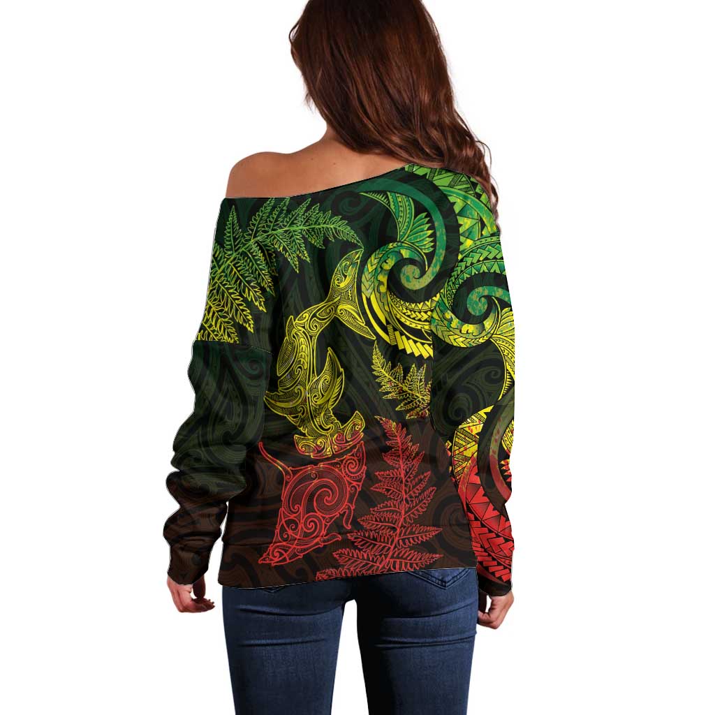 New Zealand Sea Animals with Maori Tribal Tattoo Off Shoulder Sweater Shark Manta Ray with Silver Fern Reggae