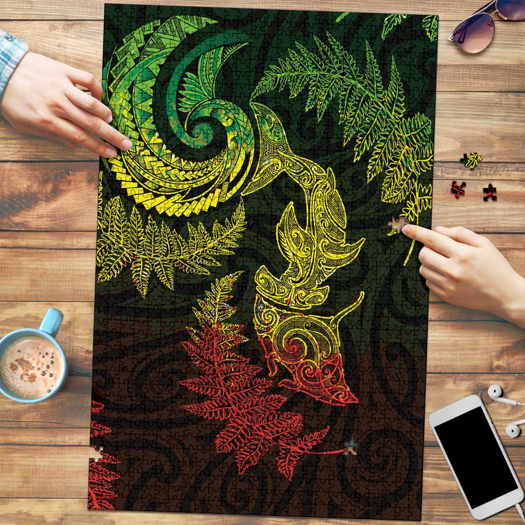 New Zealand Sea Animals with Maori Tribal Tattoo Puzzle Shark Manta Ray with Silver Fern Reggae