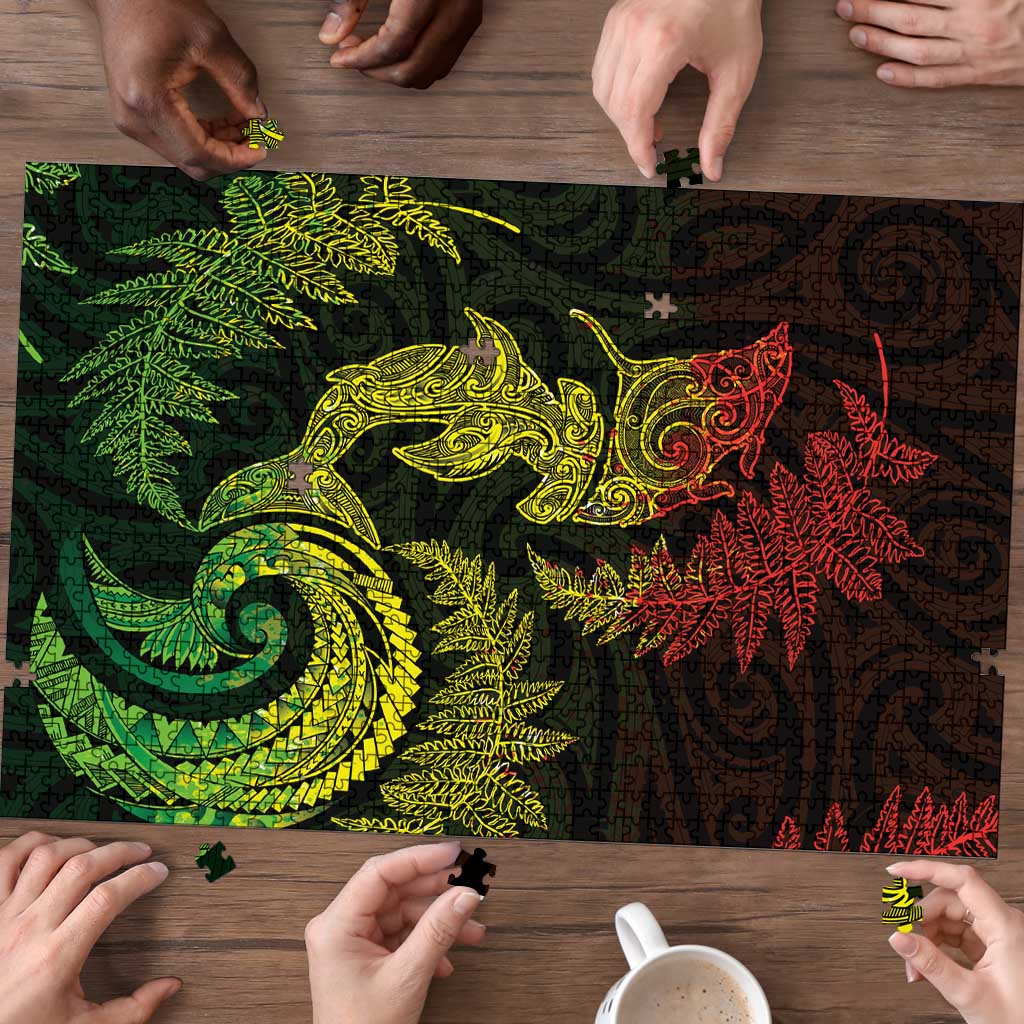 New Zealand Sea Animals with Maori Tribal Tattoo Puzzle Shark Manta Ray with Silver Fern Reggae