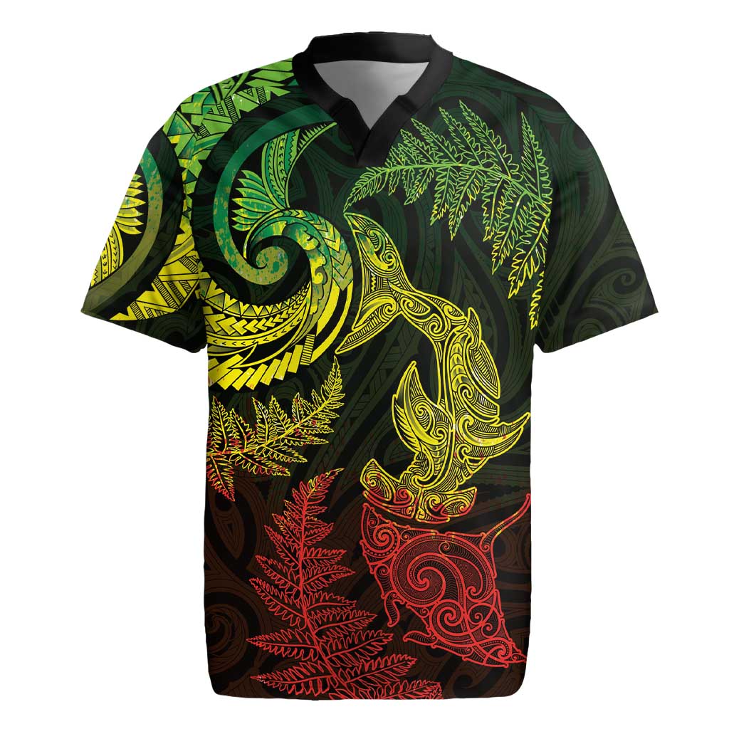 New Zealand Sea Animals with Maori Tribal Tattoo Rugby Jersey Shark Manta Ray with Silver Fern Reggae