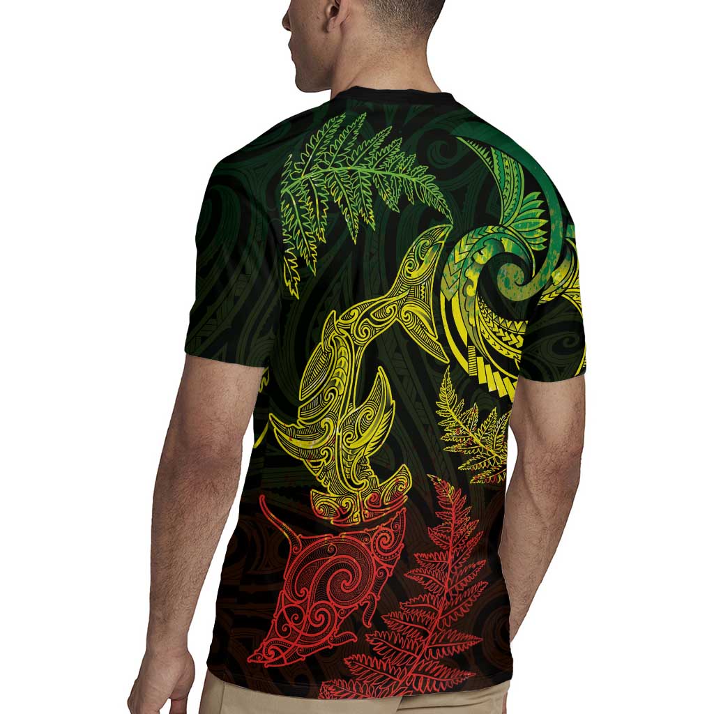 New Zealand Sea Animals with Maori Tribal Tattoo Rugby Jersey Shark Manta Ray with Silver Fern Reggae