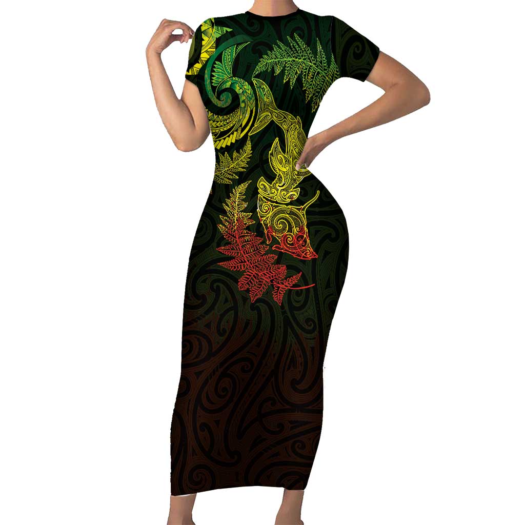New Zealand Sea Animals with Maori Tribal Tattoo Short Sleeve Bodycon Dress Shark Manta Ray with Silver Fern Reggae