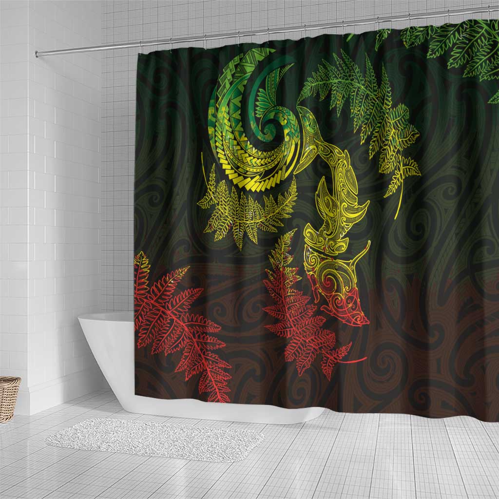 New Zealand Sea Animals with Maori Tribal Tattoo Shower Curtain Shark Manta Ray with Silver Fern Reggae