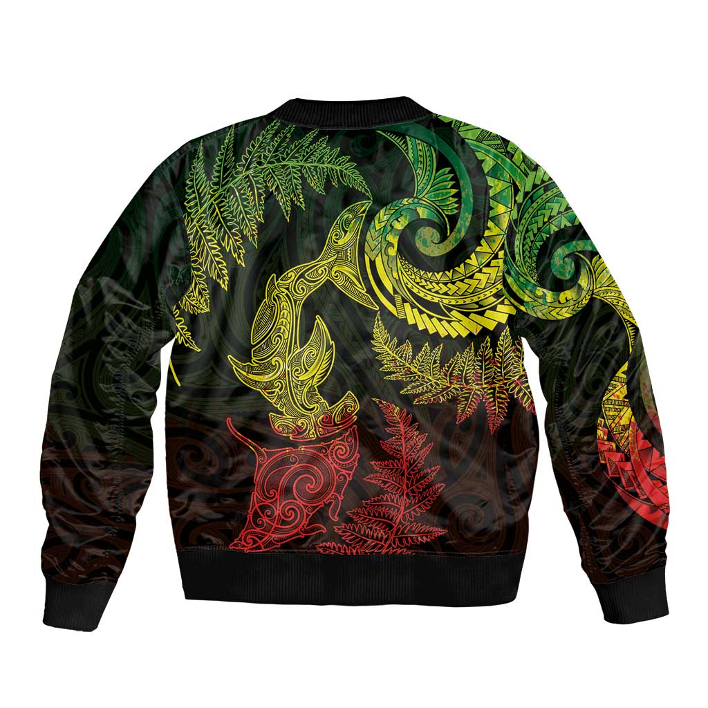 New Zealand Sea Animals with Maori Tribal Tattoo Sleeve Zip Bomber Jacket Shark Manta Ray with Silver Fern Reggae