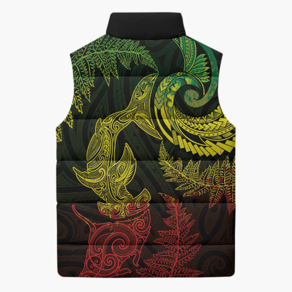 New Zealand Sea Animals with Maori Tribal Tattoo Sleeveless Puffer Jacket Shark Manta Ray with Silver Fern Reggae